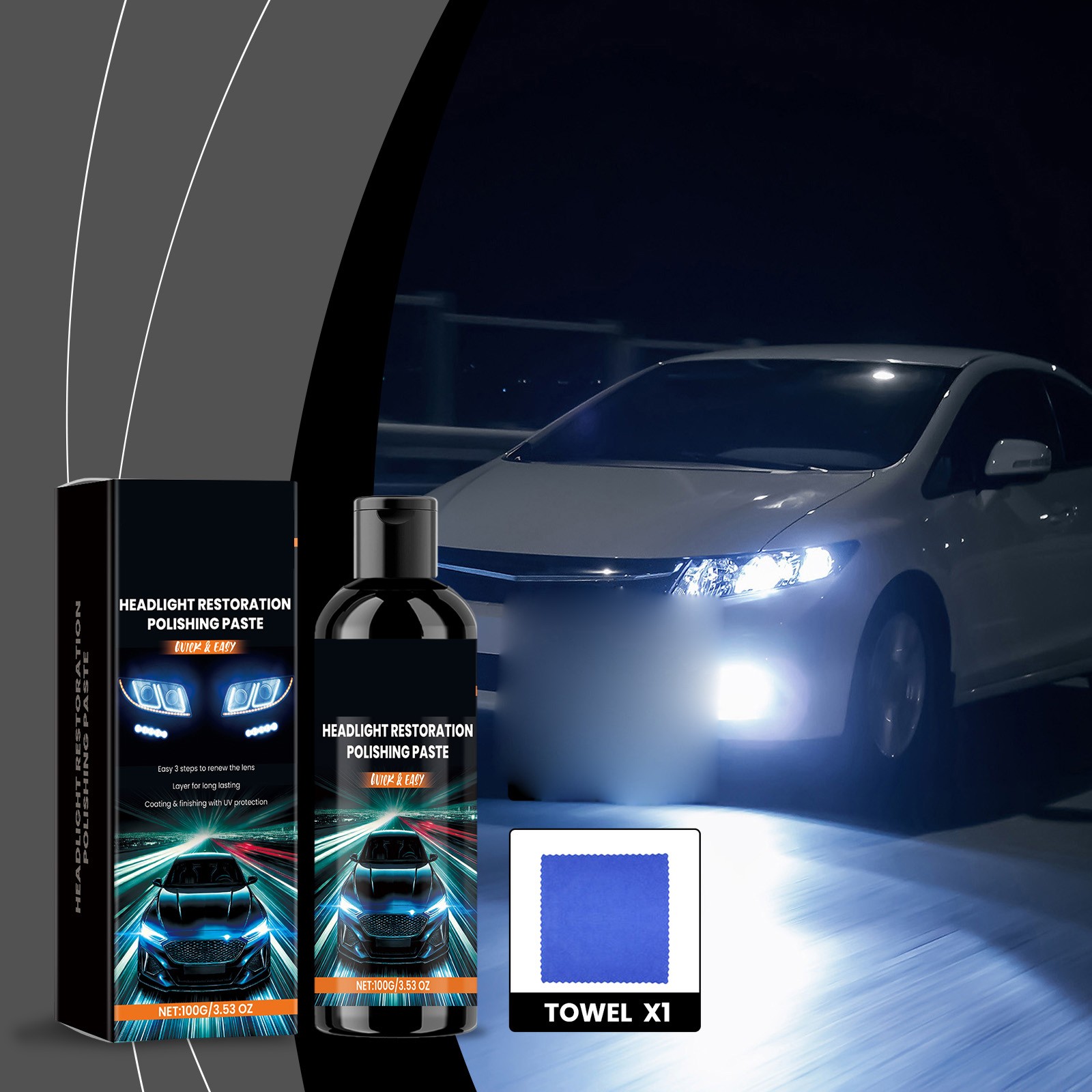 Car Headlight Restoration Polish Cream - Yellowing Removal, Oxidation \u0026 Haze Treatment, Plastic Lens Brightening Cleaner with UV Protection for Foggy Headlight Repair